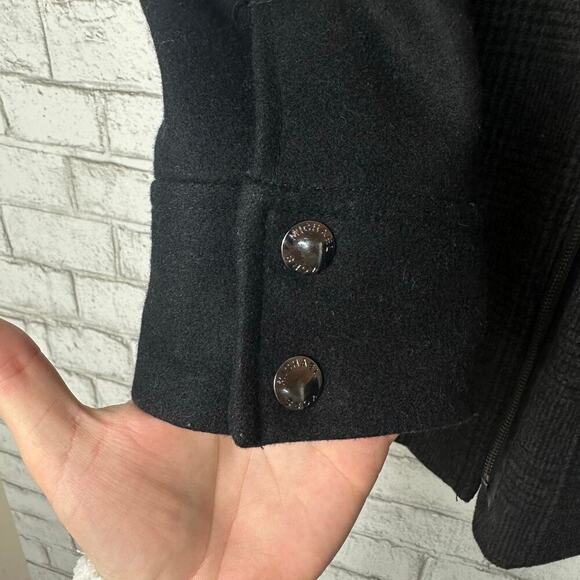 Michael Kors Coat Wool Plaid Asymmetrical Zip Hooded Neutral Preppy Black Gray 4 - Picture 8 of 11